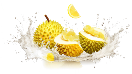 Durian sliced pieces flying in the air with water splash isolated on transparent png.
