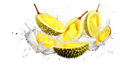 Durian sliced pieces flying in the air with water splash isolated on transparent png.
