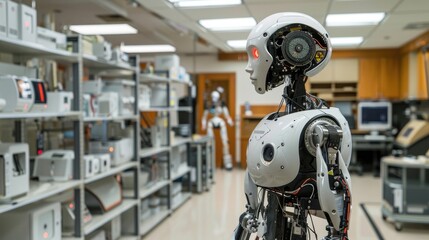 Advanced robotics lab with humanoid robots in development