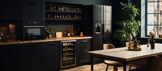 A stylish kitchen featuring a table, wine rack, black cupboards, potted plant, and modern...