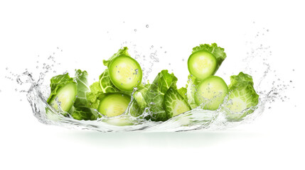 Escarole , sliced pieces flying in the air with water splash isolated on transparent png.
