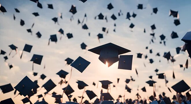 Graduation celebration. Throwing graduation caps in the air.