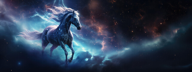 Majestic horse gallops through cosmos, mane flowing with ethereal colors, stars and nebulae in background, embodying celestial spirit, fantasy, vibrant. - obrazy, fototapety, plakaty