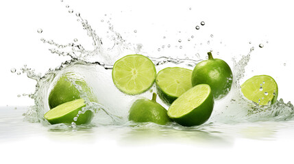 Feijoa sliced pieces flying in the air with water splash isolated on transparent png.
