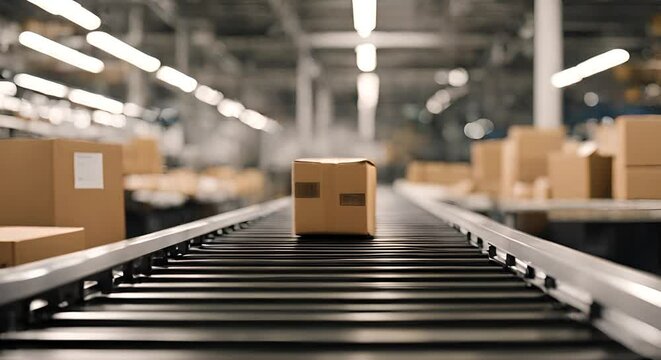 Package on a conveyor belt in a logistics center.