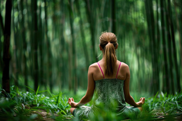 young Woman meditating in the bamboo forest