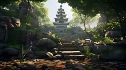  Smooth stones arranged around a tranquil temple amidst a verdant landscape.