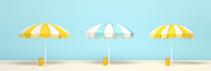  illustration of a sunny beach scene with palm trees and beach umbrellas