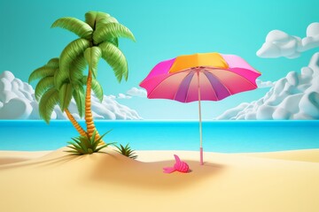  illustration of a tropical beach with palm tree and beach umbrella