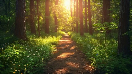 Obraz premium Hiking trail through a verdant forest with filtered-sunlight, wildflowers