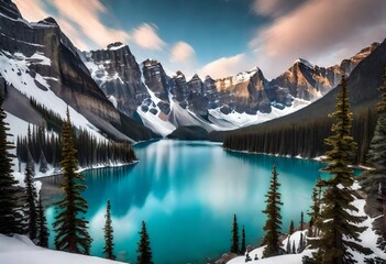 snow covered mountains,Beautiful turquoise waters of the Moraine lake with snow-covered peaks,Behold the breathtaking vista of Moraine Lake's mesmerizing turquoise waters set against snow-capped peaks - obrazy, fototapety, plakaty