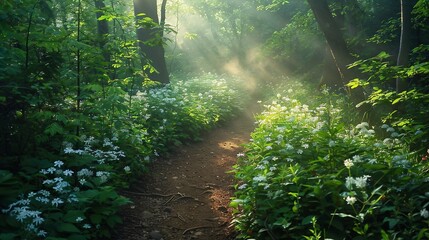 Hiking trail through a verdant forest with filtered-sunlight, wildflowers