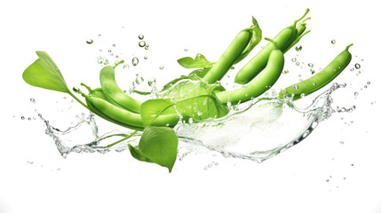 Cluster beans  sliced pieces flying in the air with water splash isolated on transparent png.
