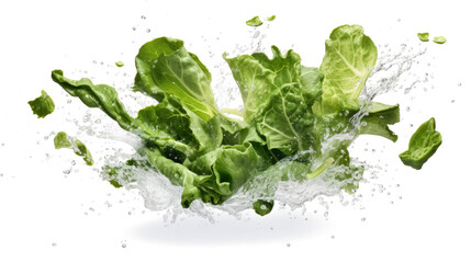 green leave sliced pieces flying in the air with water splash isolated on transparent png.
