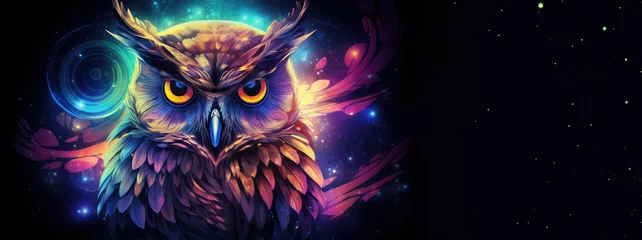 Stoff pro Meter Majestic and wisdom owl on cosmic background with space, stars, nebulae, vibrant colors, flames  digital art in fantasy style, featuring astronomy elements, celestial themes, interstellar ambiance © Shaman4ik