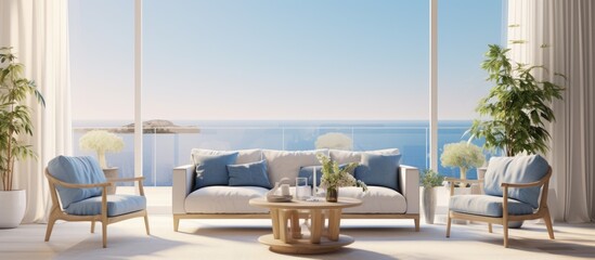 A stylish living room interior with a sofa and armchair positioned to enjoy a panoramic ocean view. The room includes a side view coffee table with a plant, creating a light and relaxing atmosphere.