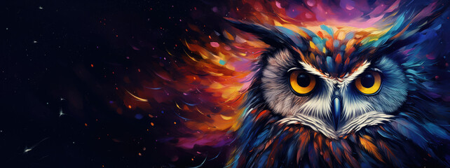 Majestic and wisdom owl on cosmic background with space, stars, nebulae, vibrant colors, flames; digital art in fantasy style, featuring astronomy elements, celestial themes, interstellar ambiance