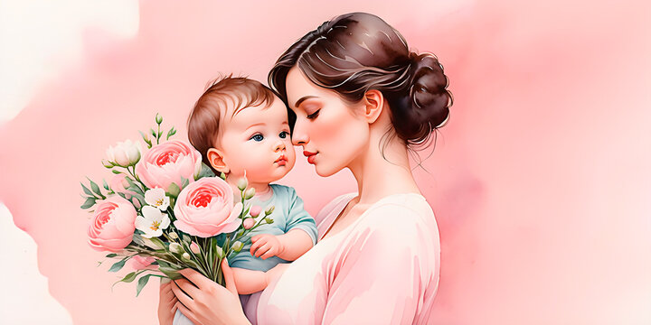 Mother holding her baby and a bouquet of pink roses on pink background. Mother's day design. Copy space. Mother's day background. Artwork in watercolor painting style.