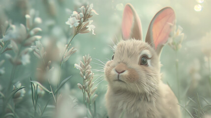Cute Easter bunny among white spring flowers