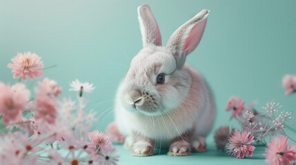 Easter bunny among pink flowers