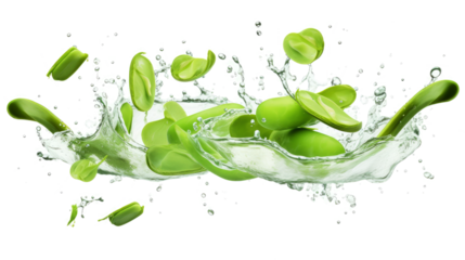 Broad beans  sliced pieces flying in the air with water splash isolated on transparent png.
