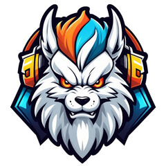 the head of a wolf with headphones on, game logo, clash royal style characters, professional character design, ferret warrior