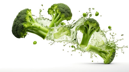 Broccoli rabe sliced pieces flying in the air with water splash isolated on transparent png.
