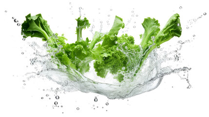 Broccoli rabe sliced pieces flying in the air with water splash isolated on transparent png.
 - obrazy, fototapety, plakaty
