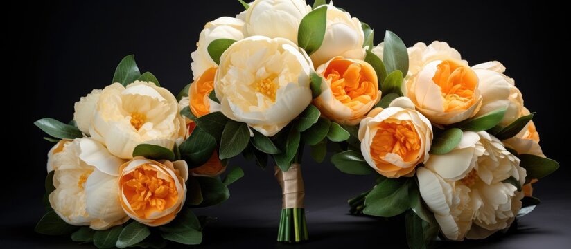 A vibrant bouquet featuring white peonies, orange roses, and other flowers stands out against a sleek black background. This arrangement is perfect for weddings, decorations, interiors, banquets,