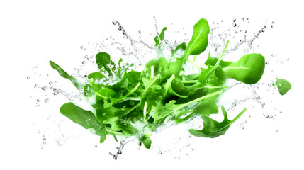 Arugula  sliced pieces flying in the air with water splash isolated on transparent png.
