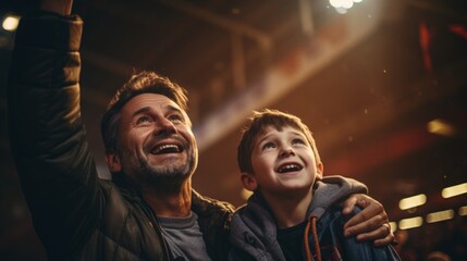 Father and Son Sharing a Joyful Moment at a Sports Event. Generative ai