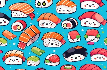 sushi on light blue background. Pattern for design