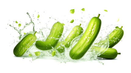 Bitter gourd  sliced pieces flying in the air with water splash isolated on transparent png.
 - obrazy, fototapety, plakaty