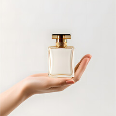Perfume bottle, woman hand holding glass cologne mockup - obrazy, fototapety, plakaty