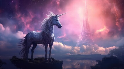 Obraz na płótnie Canvas Beautiful unicorn, rainbow background with winged unicorn silhouette with stars. Magic fantasy world
