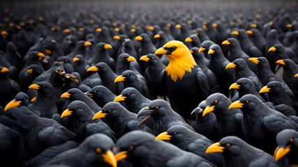Leadership, vision, own thinking. Differentiate yourself from the rest. A colored crow standing out from a crowd of black crows. AI Generated