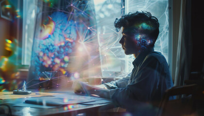 Close-up of a businessman transmitting virtual information in a hologram. Data and connectivity concept.