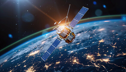 Background with space. Connectivity concept. A telecommunications satellite orbiting the globe...