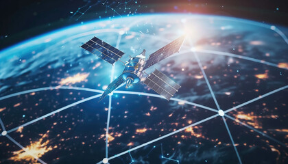 Background with space. Connectivity concept. A telecommunications satellite orbiting the globe transmitting information in the form of a hologram.