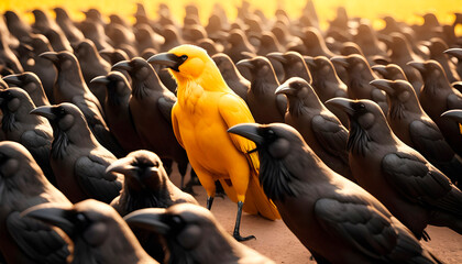 Leadership, vision, own thinking. Differentiate yourself from the rest. A colored crow standing out from a crowd of black crows. AI Generated - obrazy, fototapety, plakaty