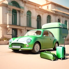 Green car with luggage ready for summer holidays 3D Rendering
