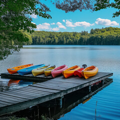 Escape into nature with a picturesque lakeside view, complete with colorful kayaks and a charming wooden dock. AI generative.