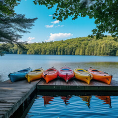 Escape into nature with a picturesque lakeside view, complete with colorful kayaks and a charming wooden dock. AI generative.