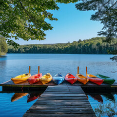 Fototapeta na wymiar Discover serenity by a lakeside adorned with colorful kayaks and a wooden dock. AI generative.