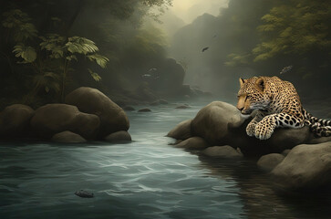 leopard on the rock Middle of water - obrazy, fototapety, plakaty