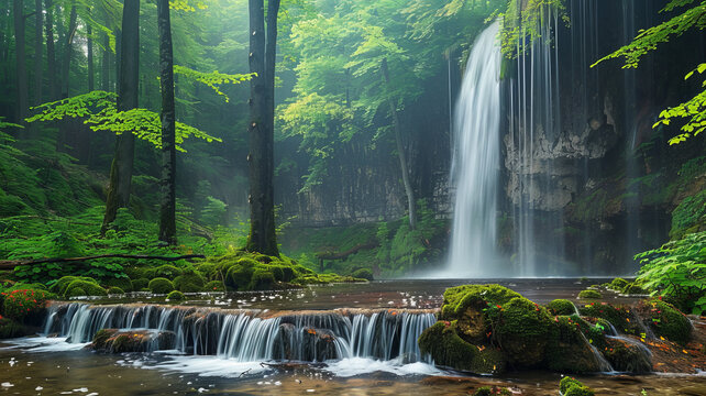 Waterfalls in a serene forest, mystical, fantasy, fairy tale, magical ,generative ai