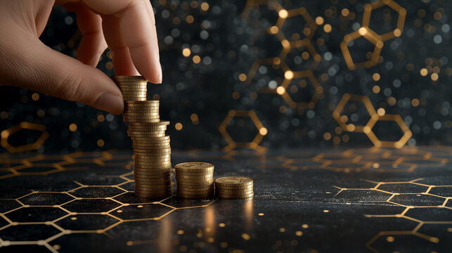Human hand stacking coins over a black background with hexagonal golden shapes. Concept of investment management and portfolio diversification.