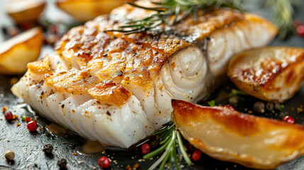 professional food photography: cod fish with roasted potatoes, plain background, with empty copy space - obrazy, fototapety, plakaty