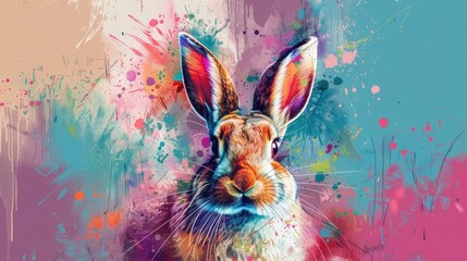 A vivid and colorful illustration of a rabbit in a pop art style with abstract background splashes.