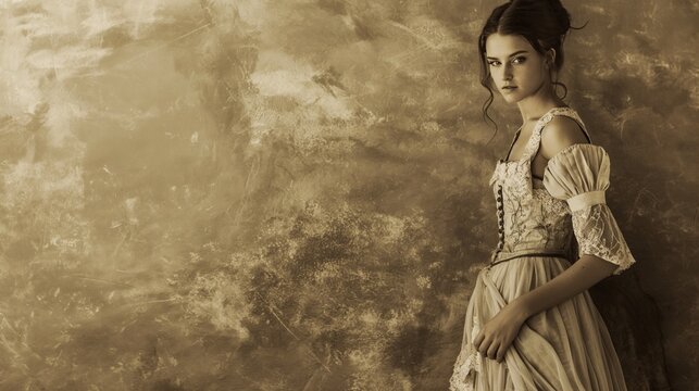 An image of a girl model in a vintage dress, standing gracefully against a sepia-toned background reminiscent of old-world charm.